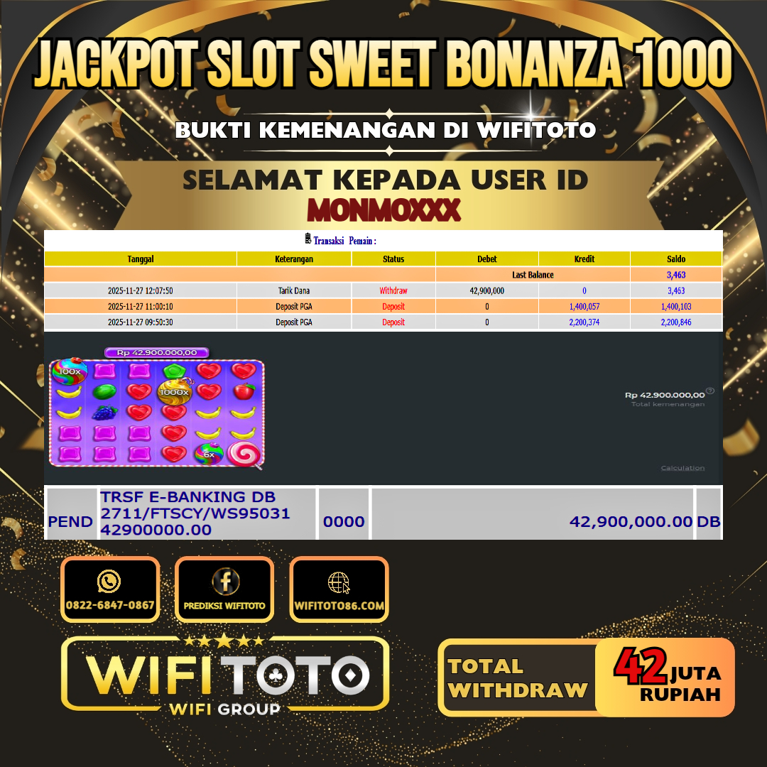 WIFITOTO JACKPOT SLOT SWEET BONANZA 1000 RP.42.000.000.,-LUNAS USER ID : MONMO***	
