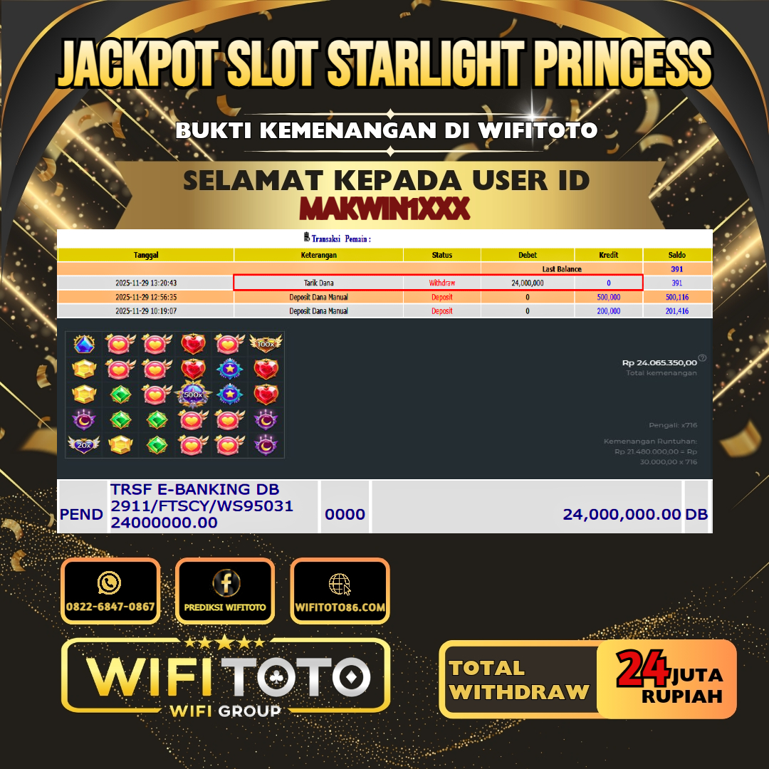 WIFITOTO JACKPOT SLOT STARLIGHT PRINCESS RP.24.000.000.,-LUNAS USER ID : MAKWIN1***	