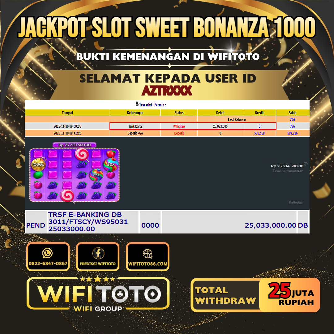 WIFITOTO JACKPOT SLOT SWEET BONANZA 1000 RP.25.000.000.,-LUNAS USER ID : AZTR***	