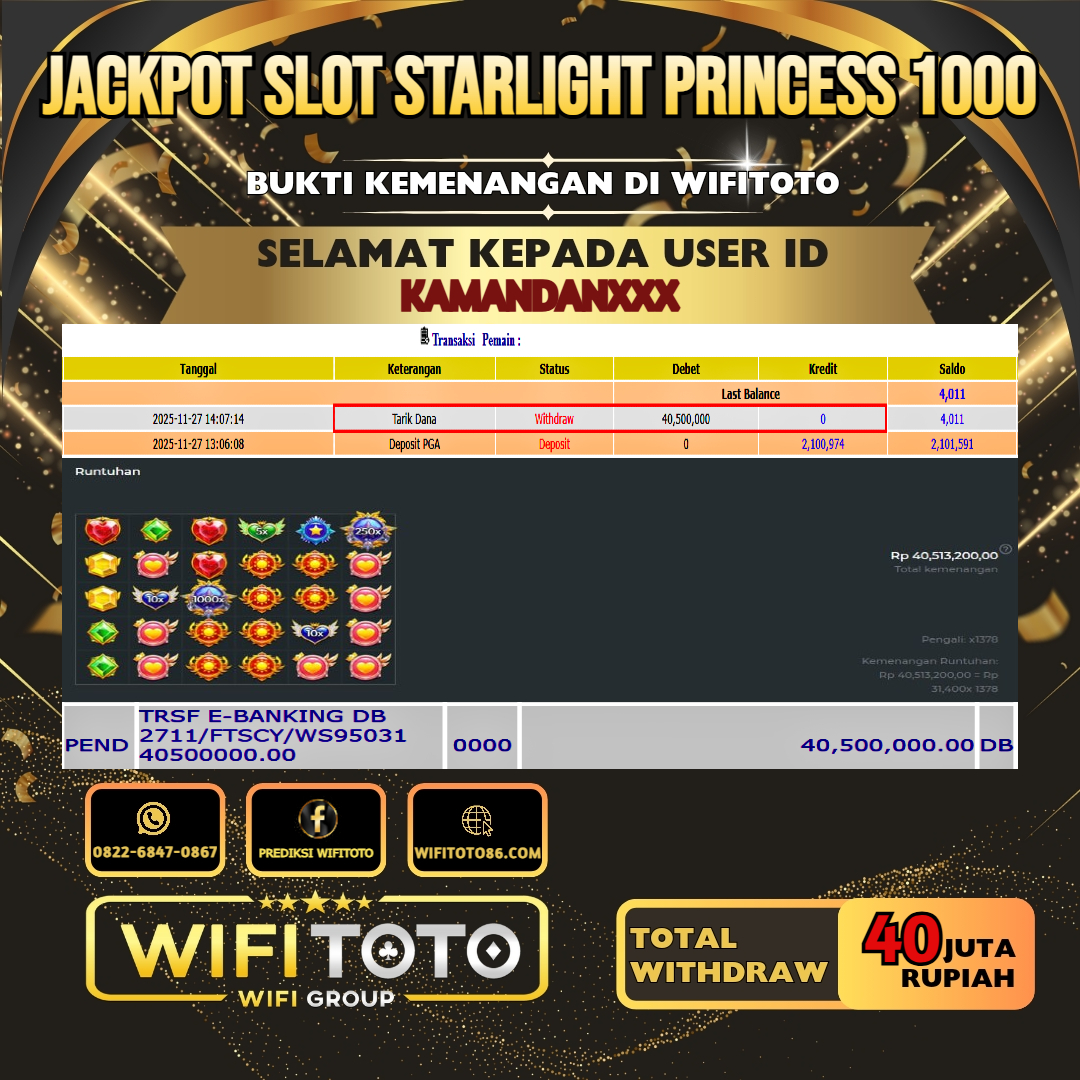 WIFITOTO JACKPOT SLOT STARLIGHT PRINCESS 1000 RP.40.000.000.,-LUNAS USER ID : KAMANDAN***	