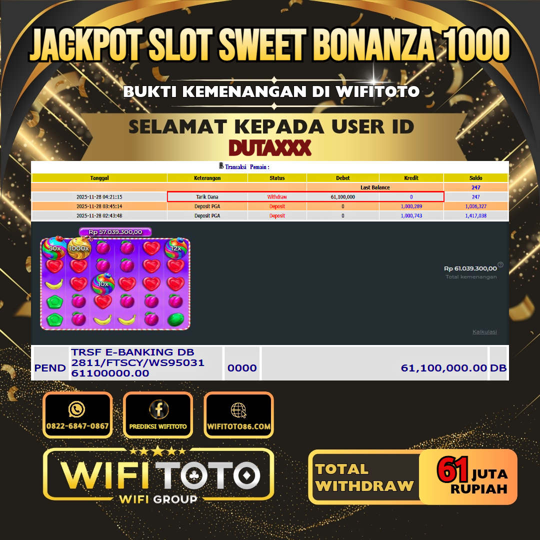 WIFITOTO JACKPOT SLOT SWEET BONANZA 1000 RP.61.000.000.,-LUNAS USER ID : DUTA***	