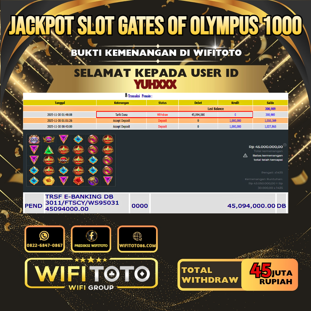 WIFITOTO JACKPOT SLOT GATES OF OLYMPUS 1000 RP.45.000.000.,-LUNAS USER ID : YUH***	