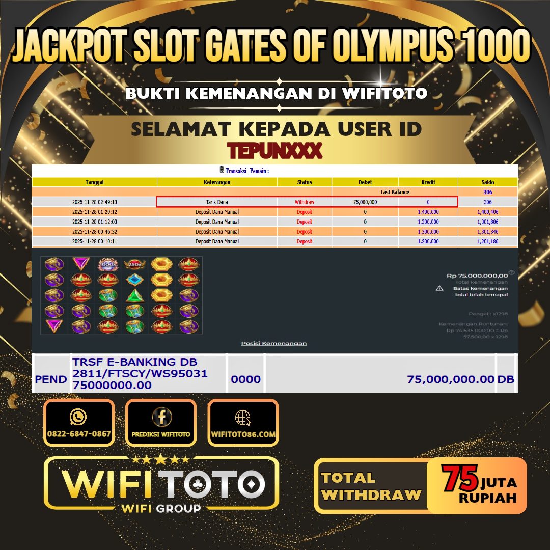 WIFITOTO JACKPOT SLOT GATES OF OLYMPUS 1000 RP.75.000.000.,-LUNAS USER ID : TEPUN***	