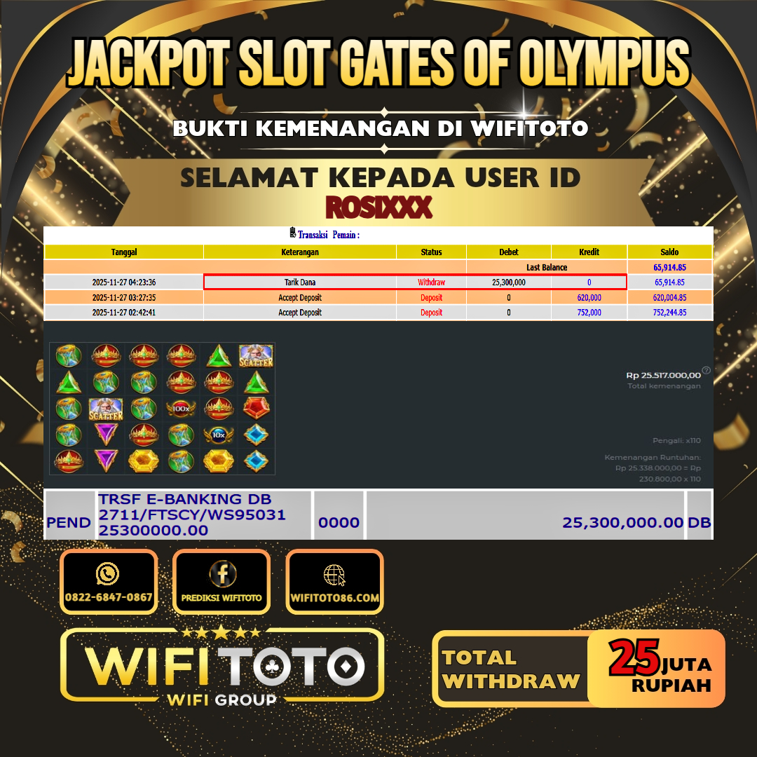 WIFITOTO JACKPOT SLOT GATES OF OLYMPUS RP.25.000.000.,-LUNAS USER ID : ROSI***	