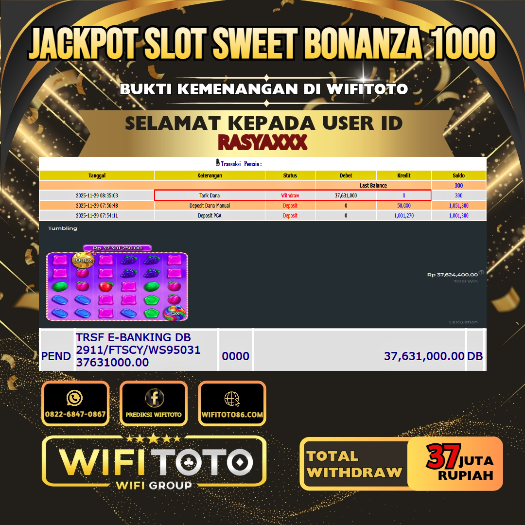 WIFITOTO JACKPOT SLOT SWEET BONANZA 1000 RP.37.000.000.,-LUNAS USER ID : RASYA***	