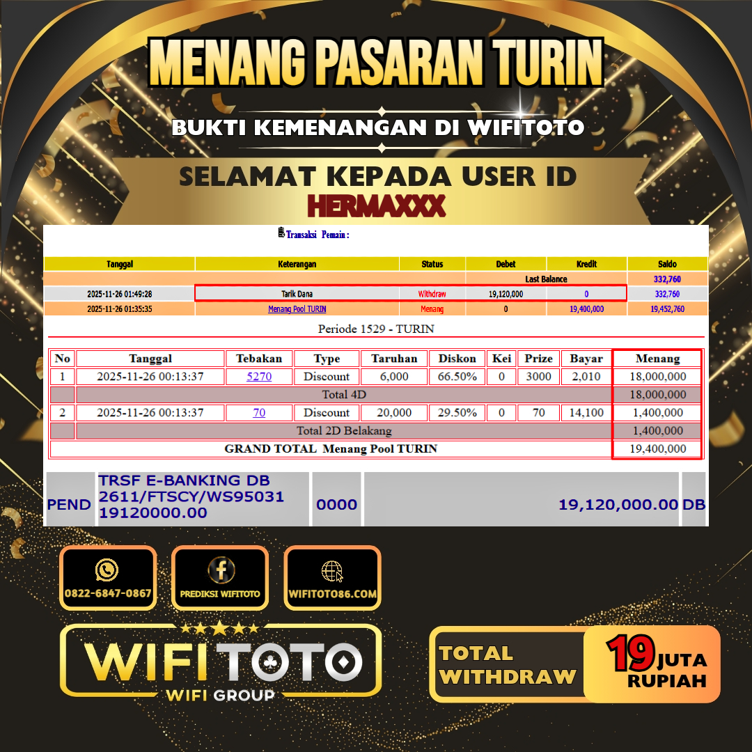 WIFITOTO JACKPOT TOGEL PASARAN TURIN RP.19.000.000.,-LUNAS USER ID : HERMA***	