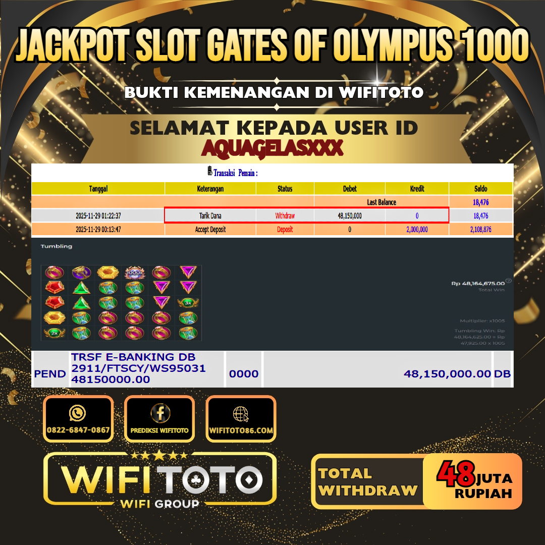 WIFITOTO JACKPOT SLOT GATES OF OLYMPUS 1000 RP.48.000.000.,-LUNAS USER ID : AQUAGELAS***	
