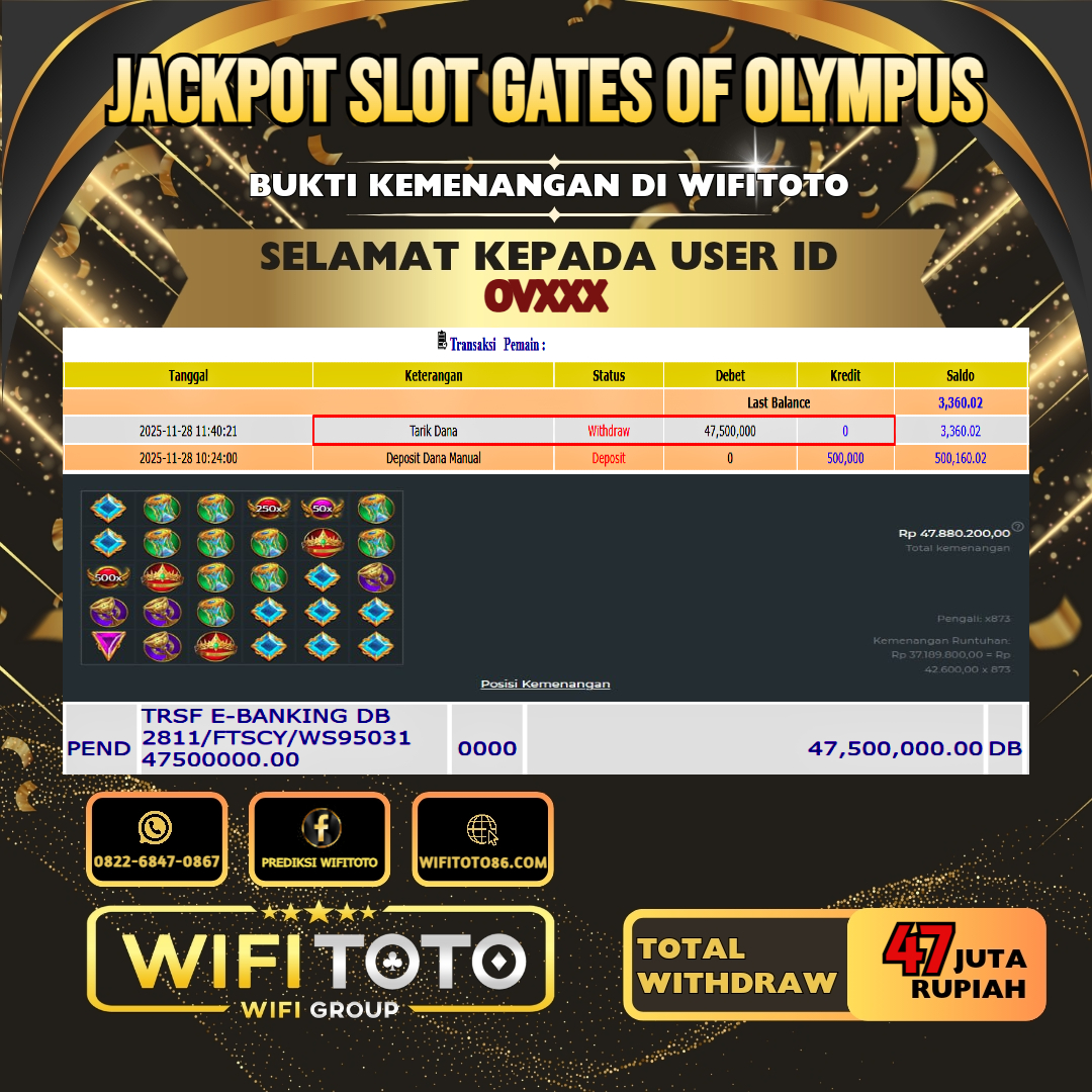 WIFITOTO JACKPOT SLOT GATES OF OLYMPUS RP.47.000.000.,-LUNAS USER ID : OV***	
